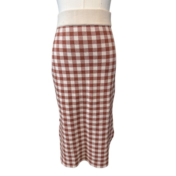2/$30 Madewell XS Midi Skirt Red Brown & White Gingham Check Elastic Waist Knit - Picture 1 of 14